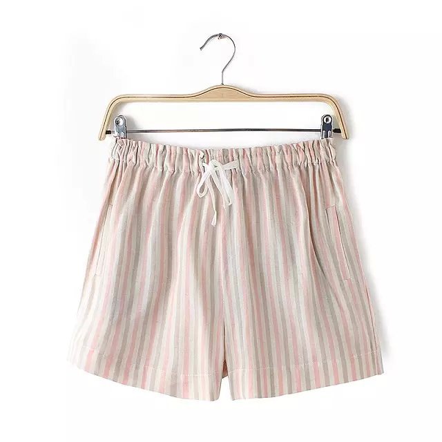 Women shorts Summer Fashion Striped Print cotton linen Elastic waist Drawstring Pocket skirt For Female casual short mujer
