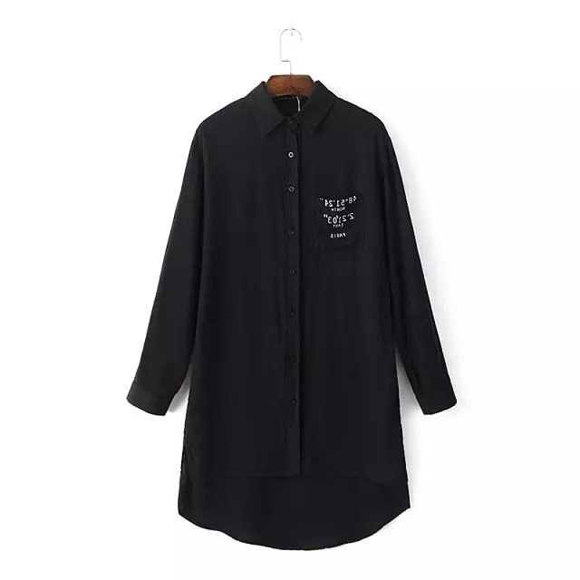 Women Spring Fashion black Letter print pocket long Sleeve Turn-down collar Irregular side open button casual Shirt Dress