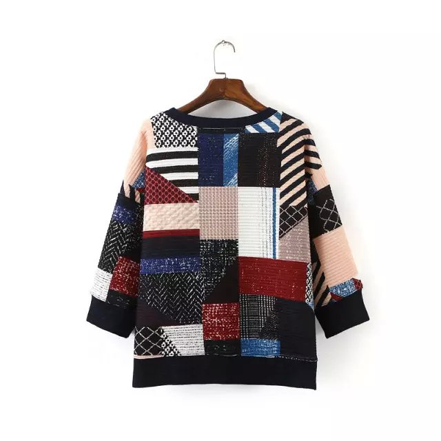 Women sweatshirt Fashion Cotton Color Matching Geometric print side open pullover Three Quarter sleeve Casual hoodies brand