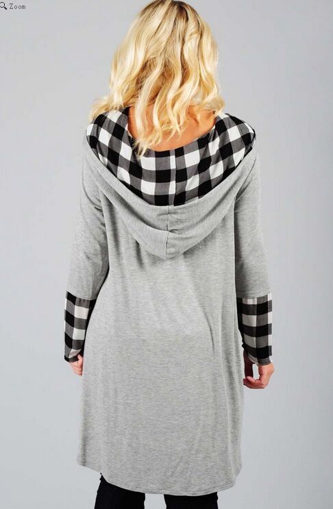 Women Sweatshirt Fashion Hooded Gray Patchwork plaid print cuff long Pullover Long Sleeve Casual brand hoodies plus size