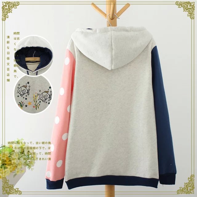 Women sweatshirt Fashion winter thick cotton heart Cat print Color Matching pullover Casual hoodies drawstring hooded brand