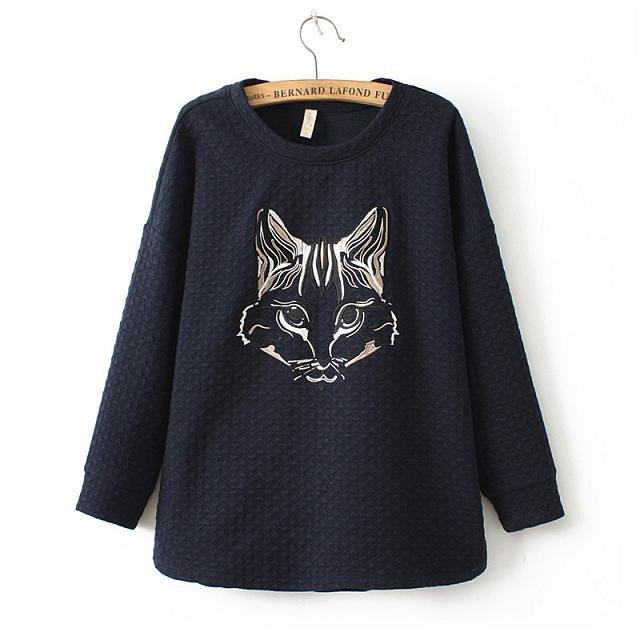 Women Sweatshirts Autumn Fashion black Cat Embroidery Pullover O-neck batwing sleeve hoodies Casual brand feminino tops