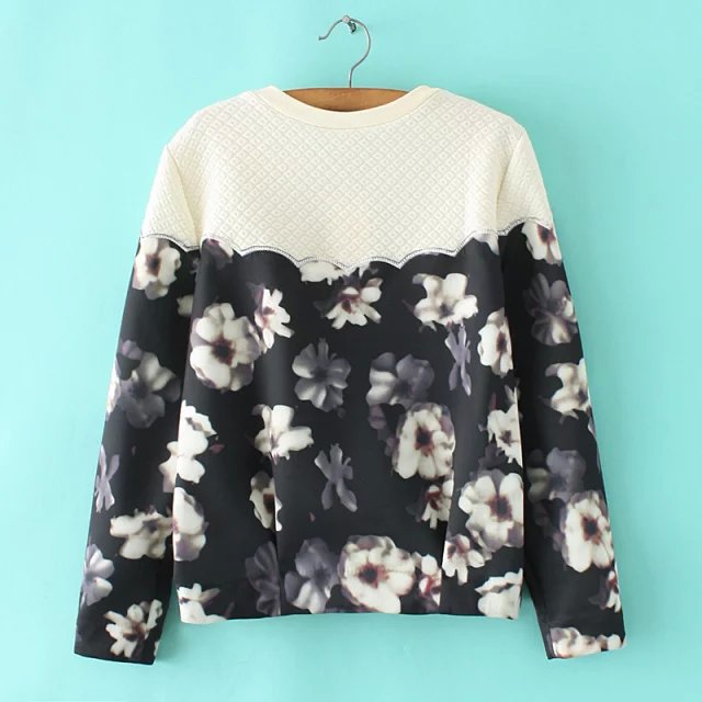 Women Sweatshirts Autumn Fashion cotton Floral print patchwork Lace Pullover hoodies O-neck Casual brand female