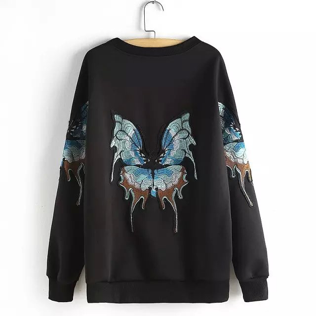 Women Sweatshirts Autumn Fashion Embroidery Pullover Black Hoodies O-neck long sleeve Casual brand vogue