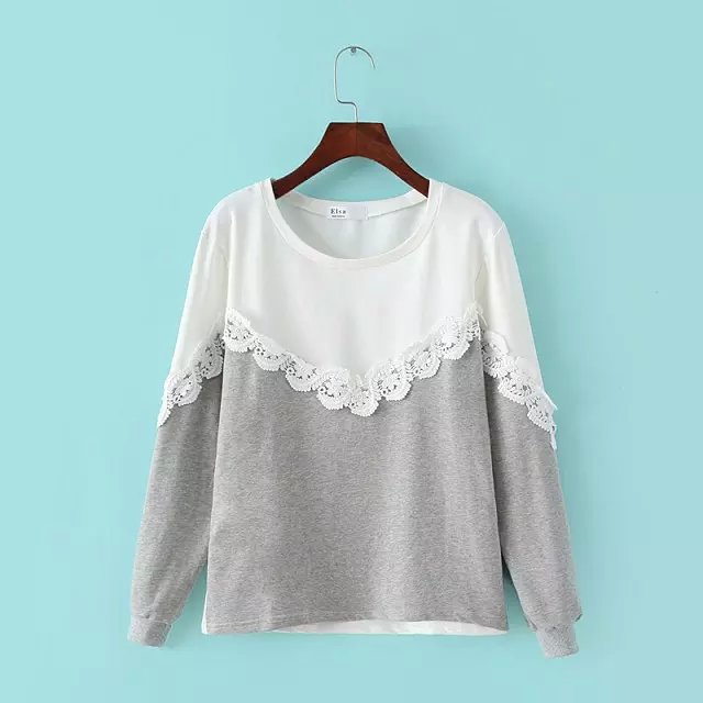 Women sweatshirts Fashion elegant sweet lace patchwork long sleeve pullover Casual O-neck hoodies brand Tops