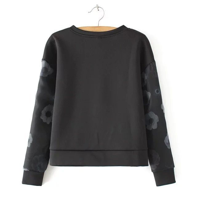 Women sweatshirts Fashion Organza Patchwork Character Floral print sport O Neck black pullovers female Casual brand Tops