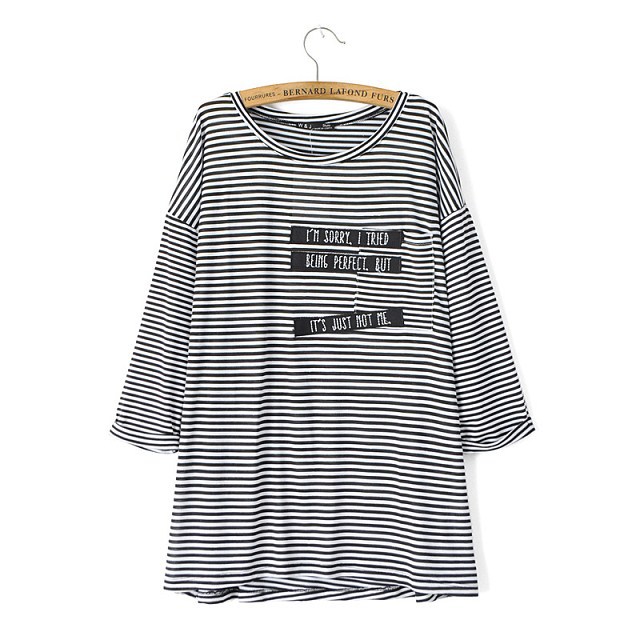 Women T-shirts Autumn Fashion Elegant black white striped Letter print basic O neck long sleeve casual brand tops