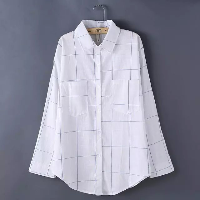 Women White Blouse Fashion Office style Black Plaid Pattern Pocket Turn down collar long Sleeve shirts Casual brand Tops
