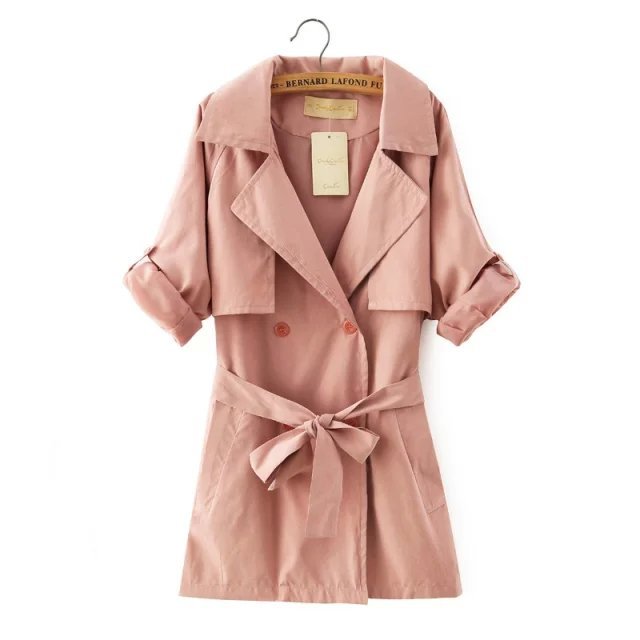 Women windbreaker Fashion European style Office elegant Pink with belt Long trench for ladies coats Casual brand female