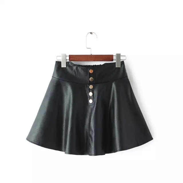 American Fashion women black Faux Leather A-Line mini Skirt button high waist elegant casual saias feminina faldas jupe