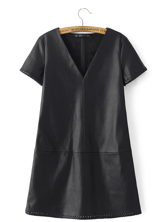 American Fashion women vintage elegant faux leather black mini Dress short sleeve V-neck causal fit brand female