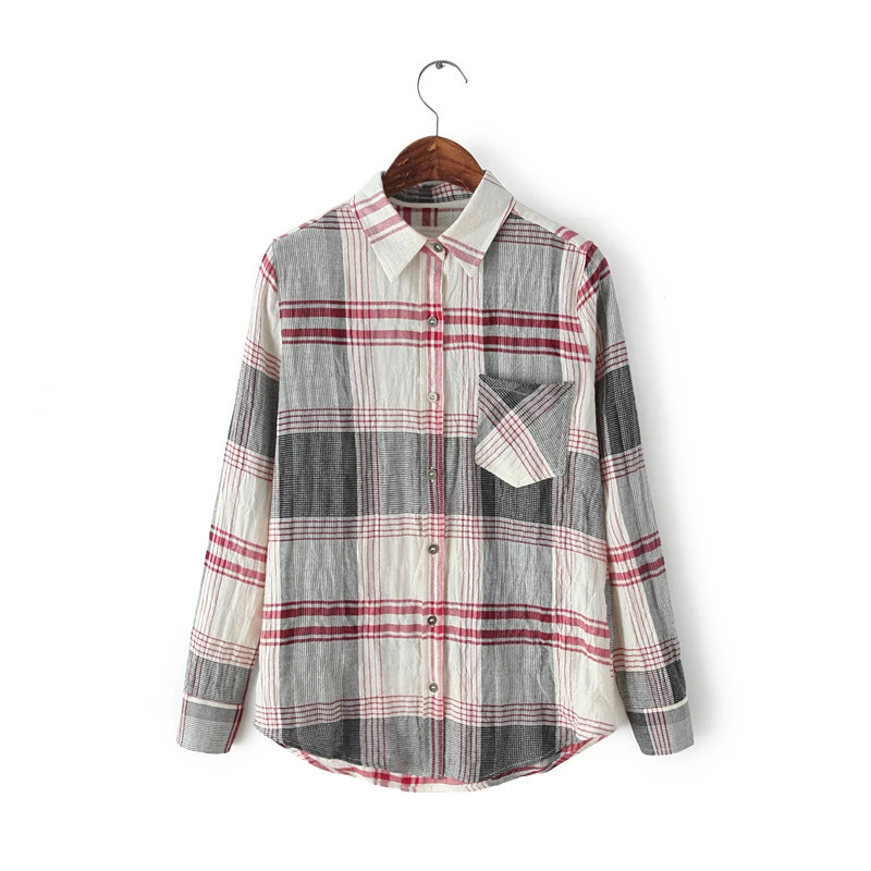 American Style Women fashion classic Plaid pocket blouses vintage Turn-down collar shirt work office wear casual brand