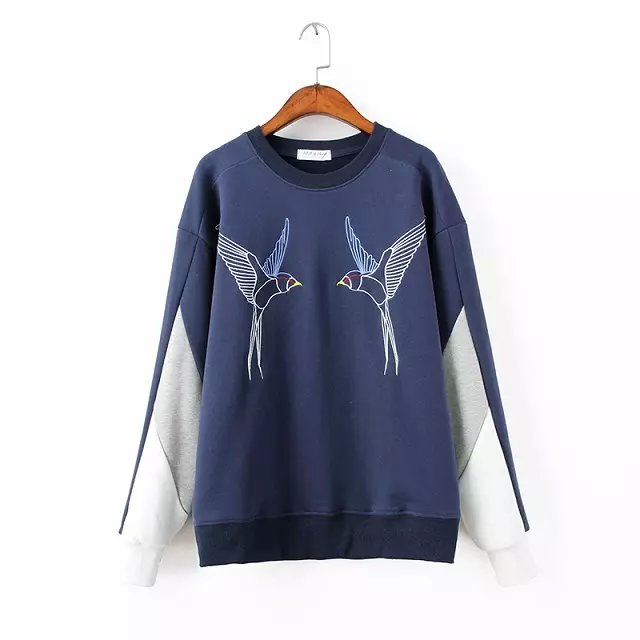Autumn Fashion Women Black bird Embroidery sport pullovers hoodies Casual patchwork Sleeve O-neck brand sweatshirts