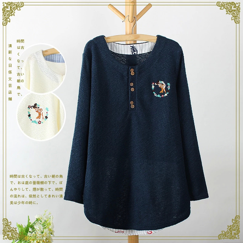 Autumn Fashion women elegant Beige Embroidery Pullover knitwear O-neck button long sleeve Casual brand knitted Sweaters