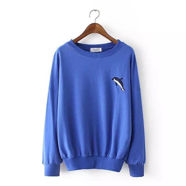 Autumn Fashion Women Pink dolphins Embroidery sport pullovers ruched Casual long Sleeve O-neck hoodies brand sweatshirts