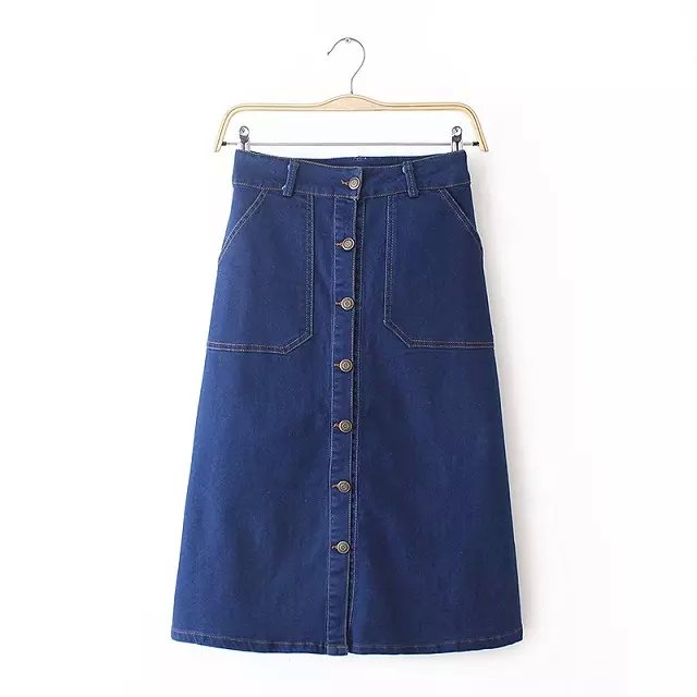 Autumn Fashion women vintage Button Pocket Blue Denim A-Line Knee Length Skirts casual quality skirt
