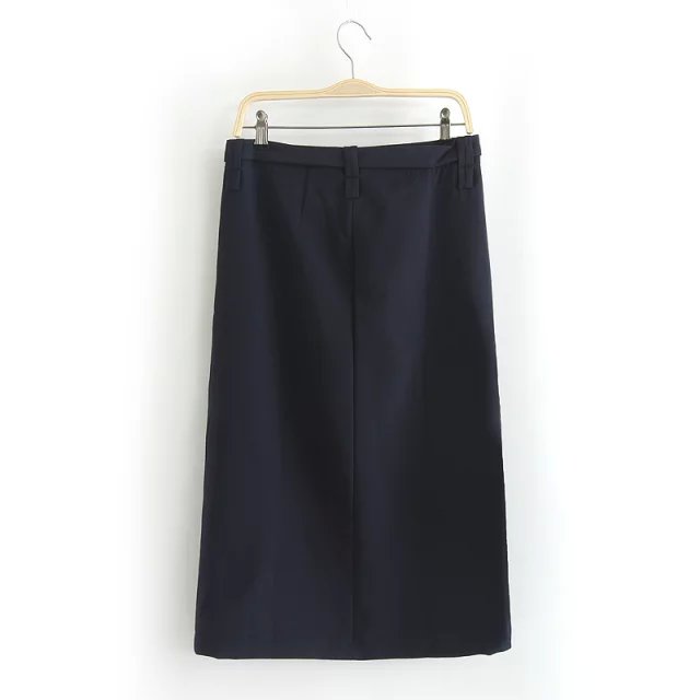 Autumn Fashion women vintage front open with belt bow Pocket black Mid-Calf Straight Skirts high waist casual quality brand