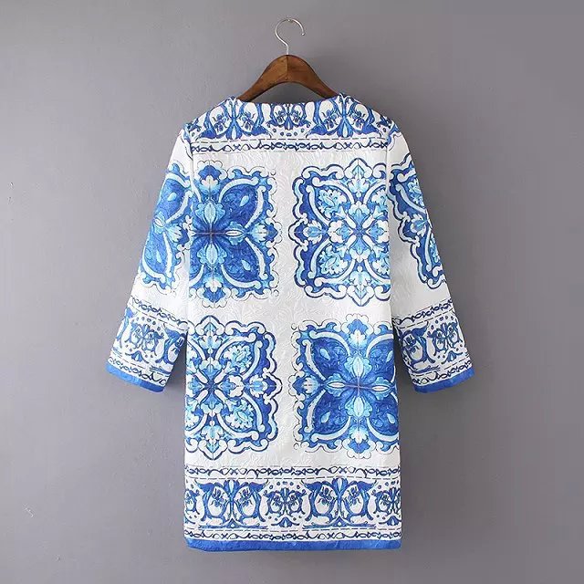 Cardigan long jacket coat for Women Fashion Autumn Blue white porcelain print Casual Long sleeve brand mujer tops