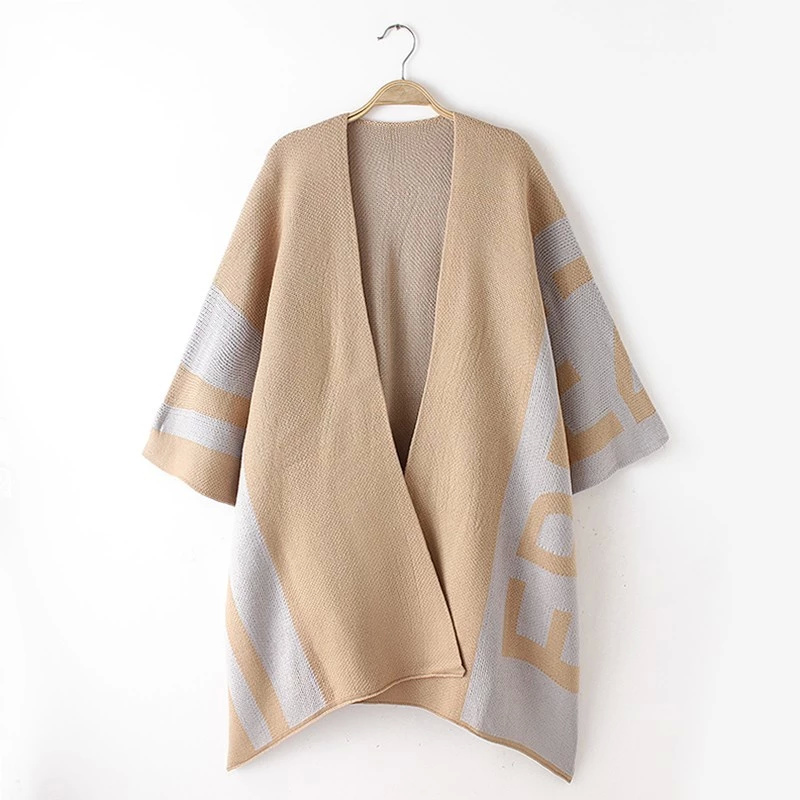 Cardigan Sweaters for Women Winter Fashion vintage gray khaki Letter Pattern Knitted Batwing Sleeve Casual loose Cloak Warm