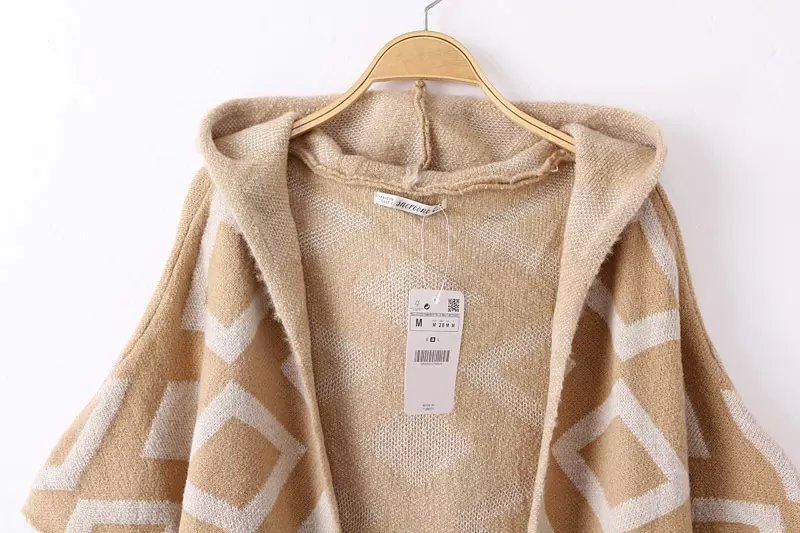 Cardigan Thick Sweaters for Women Fashion khaki hooded pocket Geometric pattern Knitted Short Sleeve Casual brand Cloak