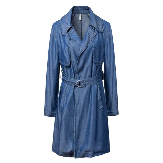 Denim blue windbreaker for women Fashion british Style elegant With Belt Pocket long trench coat Casual brand female