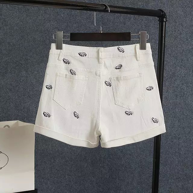 Denim shorts for women Fashion Car embroidery pockets Zipper High waist Black white casual Jeans