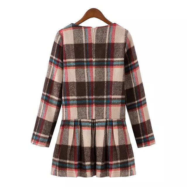 England Style Fashion Women Dress Woolen plaid pattern Back zipper Pleated mini dress Long Sleeve casual brand Plus size