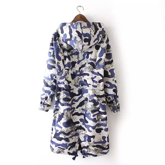 European Fashion women Camouflage print hooded Long trench coat button pocket Casual drawstring windbreaker plus size