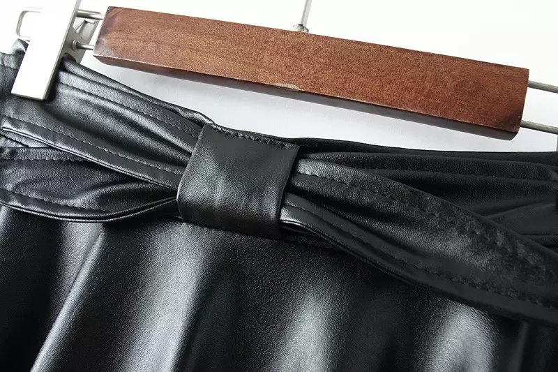 European Fashion women faux leather black Mid-Calf Pleated skirts vintage Elastic waist witn bow belt casual brand female