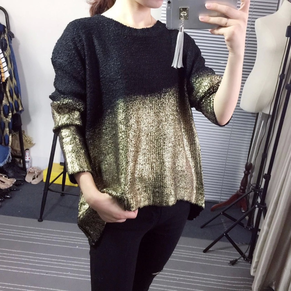 European Fashion Women Knitted sweaters Gradient color bronzing O- Neck Pullover batwing Sleeve Casual loose brand tops
