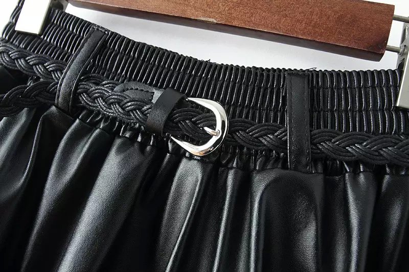 European Fashion women vintage faux leather black Mid-Calf Pleated skirts Elastic waist with belt casual brand female
