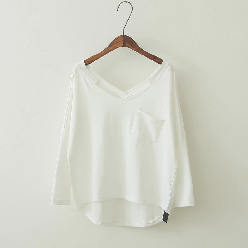 European Fashion Women White T-shirt basic O-neck Backless Loose Long Sleeve casual brand Tee tops