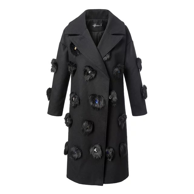 European Fashion women Winter warm black fur Diamonds turn-down collar button woolen long coat long sleeve casual brand