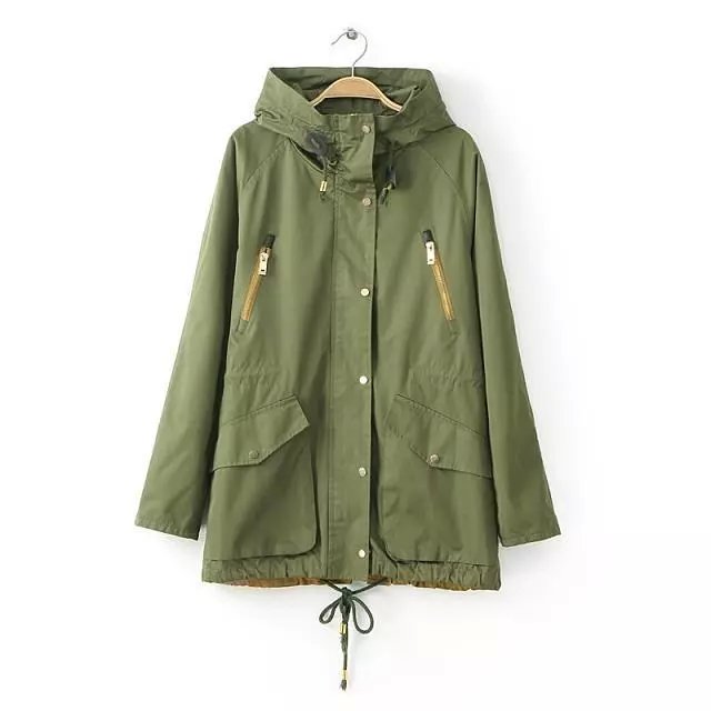 Fashion Autumn elegant Army green Pocket Zipper hooded trench coat for women Drawstring Casual brand windbreaker