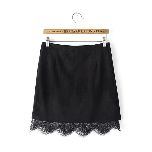 Fashion Autumn Women Suede Leather Black Skirts lace patchwork high waist sexy mini Skirt Casual Brand Saia Faldas Jupe