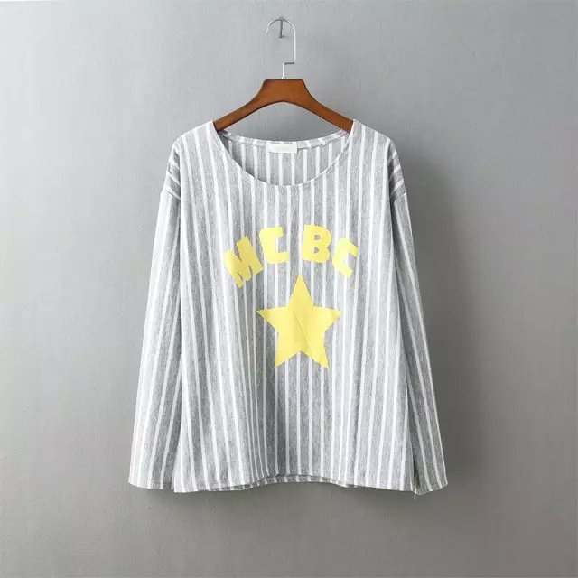 Fashion Autumn Women Yellow star Letter Stripe Print Street T shirt O neck long sleeve shirts casual brand tops
