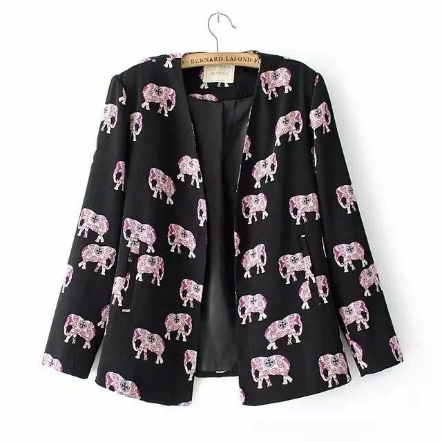 Fashion black elephant print Blazers for women long sleeve pocket suit basic jackets Brand feminino work wear female