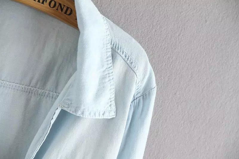 Fashion Elegant Denim blue Tunic Blouses for women vintage long sleeve Turn-down collar pocket short shirts casual crop top