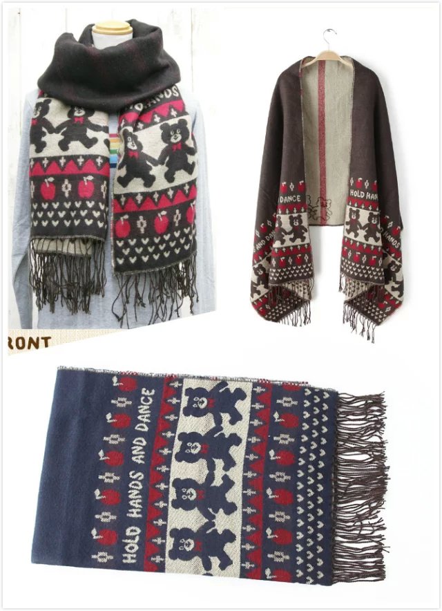 Fashion Korean Scarf For Women Winter Wool Bear Pattern Tassel Thicken Warm Soft Oversized Shawls wrap School Style