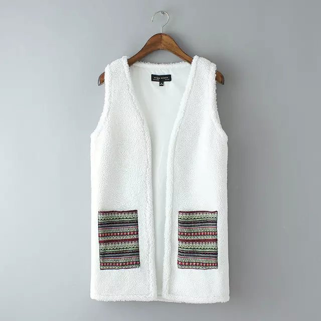 Fashion Lovely White sleeveless Patch Pocket Fleece Vest jacket outwear casual brand chaquetas mujer