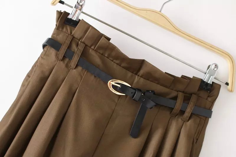 Fashion Office Lady Elegant Ruffle Brown Suit Pant cozy vintage With Belt Zipper pocket casual brand Plus Size pants