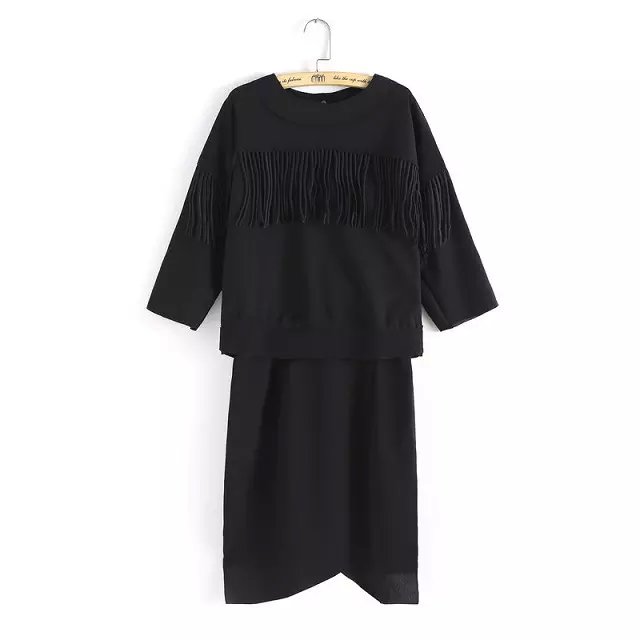 Fashion Sexy suede Leather T-Shirt + Skirt Women Two Piece Dress Sets O-Neck tassel Three quarter casual Brand