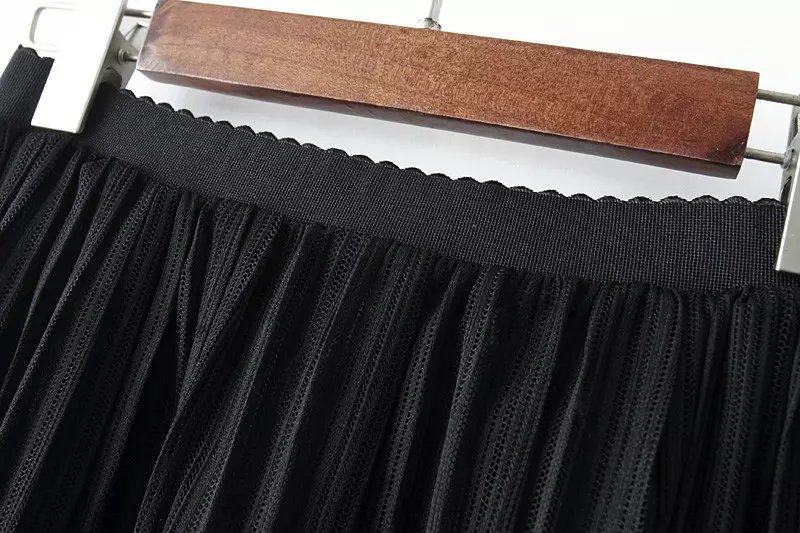 Fashion Spring Women Elegant black Lace Mid-Calf pleated skirts Elastic Waist Vintage Casual brand for female