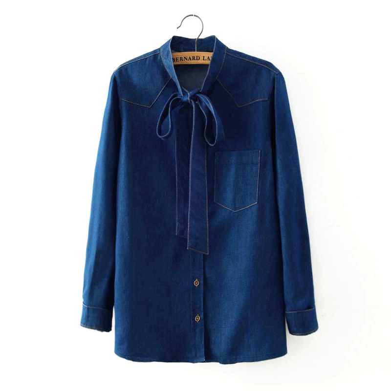 Fashion Spring Women elegant sweet blue Denim stand collar bow blouse long sleeve button pocket casual brand shirts