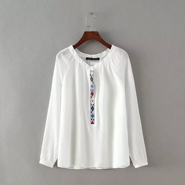 Fashion Spring women elegant white Geometric Embroidery vintage ruffle O-neck long sleeve shirts casual brand female