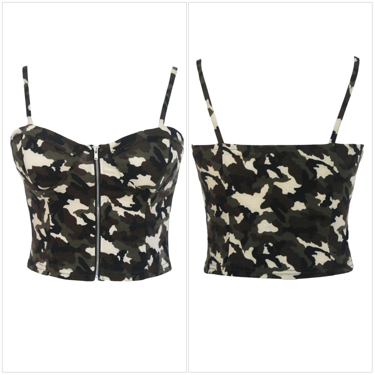 Fashion summer women elegant Camouflage print zipper waist hollow out backless short Camis Tank casual shirt brand tops