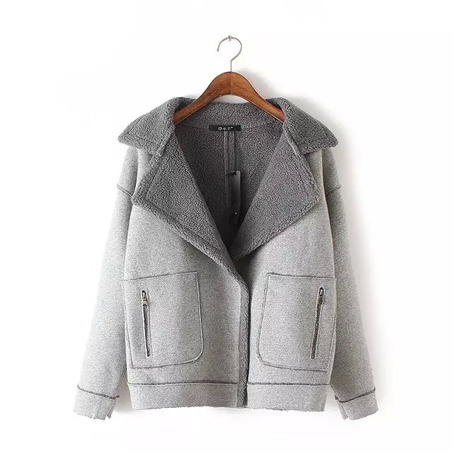 Fashion Winter thick warm Women Pockets Female overcoat button gray Long Sleeve turn-down collar Cashual loose short jacket