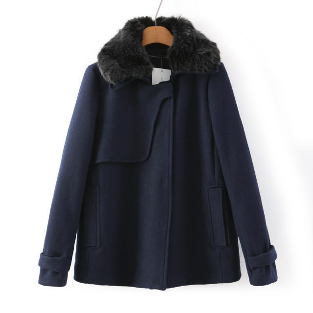 Fashion Winter Women Blue pocket Coats Woolen button Fur turn-down collar Long Sleeve Brand Thick Warm Outwear For Female