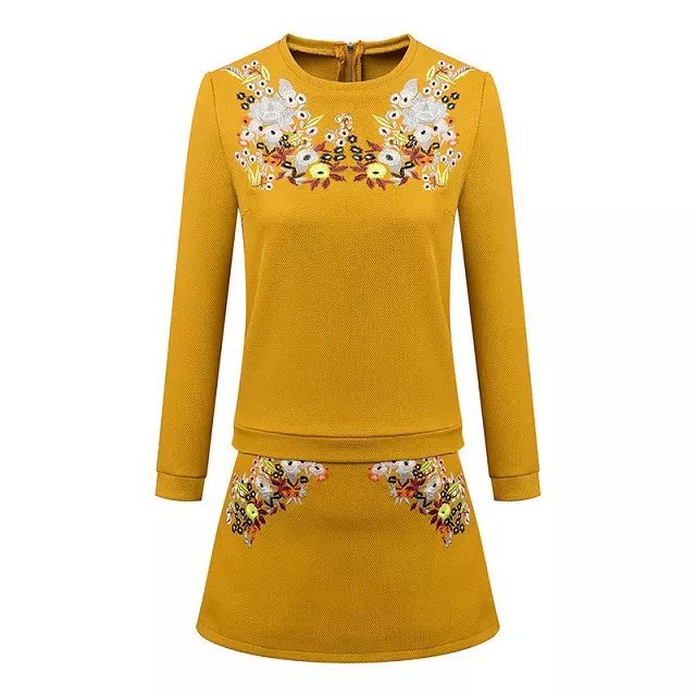 Fashion Winter Women Elegant floral Embroidery Blouse And Skirt Two Piece Set O-neck Long seleeve casual shirts
