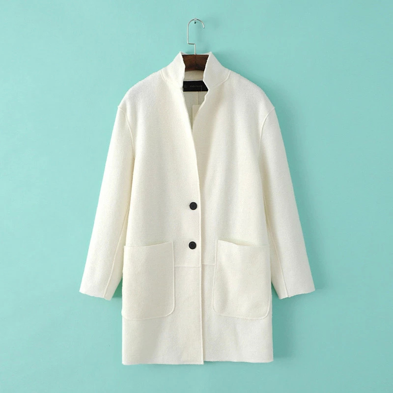Fashion winter women elegant White pockets button turn-down collar coats long sleeve Woolen outwear casual Loose plus size